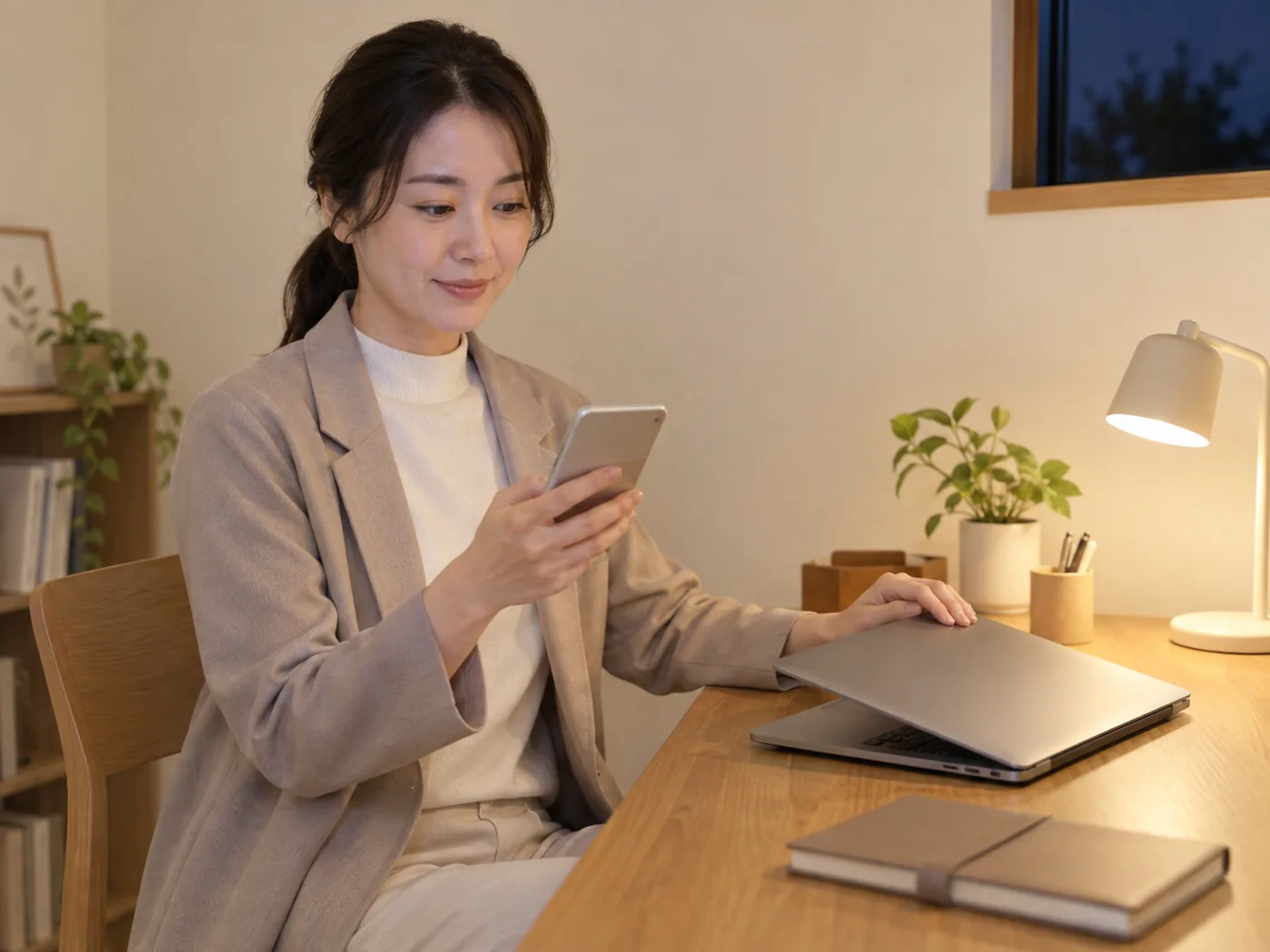 仕事を終えて、自分の予定に合う利用方法を確認する女性のイメージ