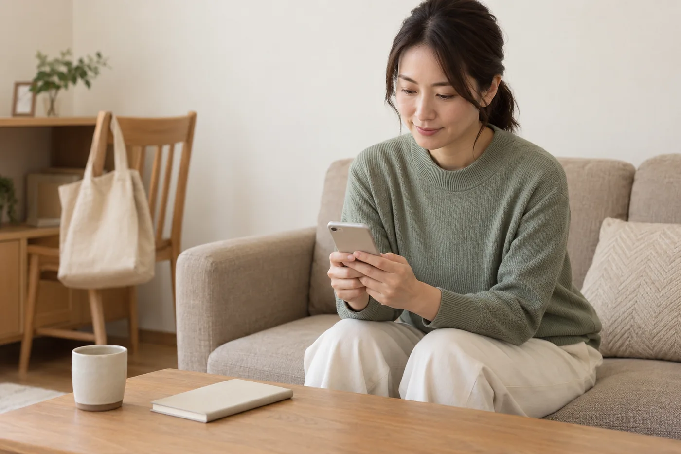 自宅でスマートフォンを見ながら店舗と出張の利用方法を検討する女性のイメージ