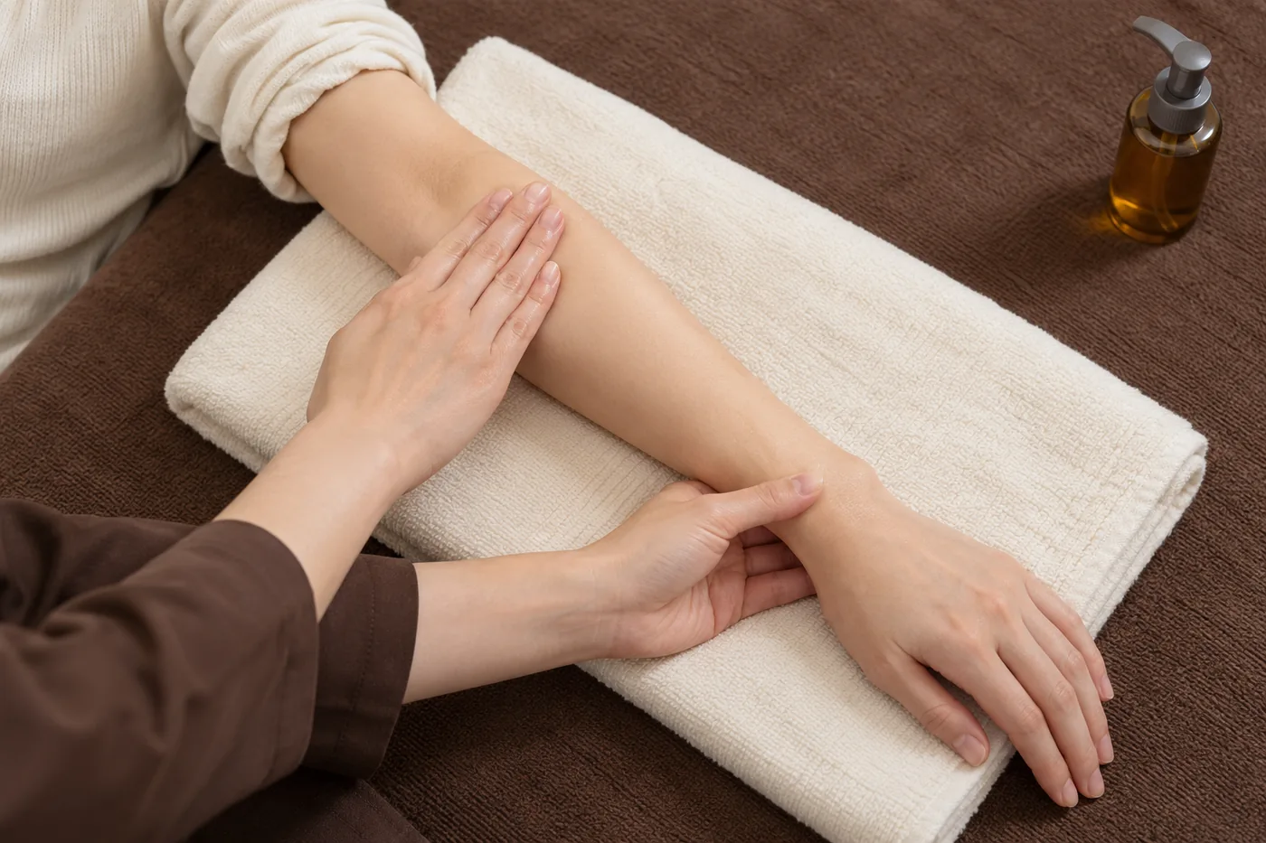 女性のお客様の前腕にオイルケアを行う手元のイメージ