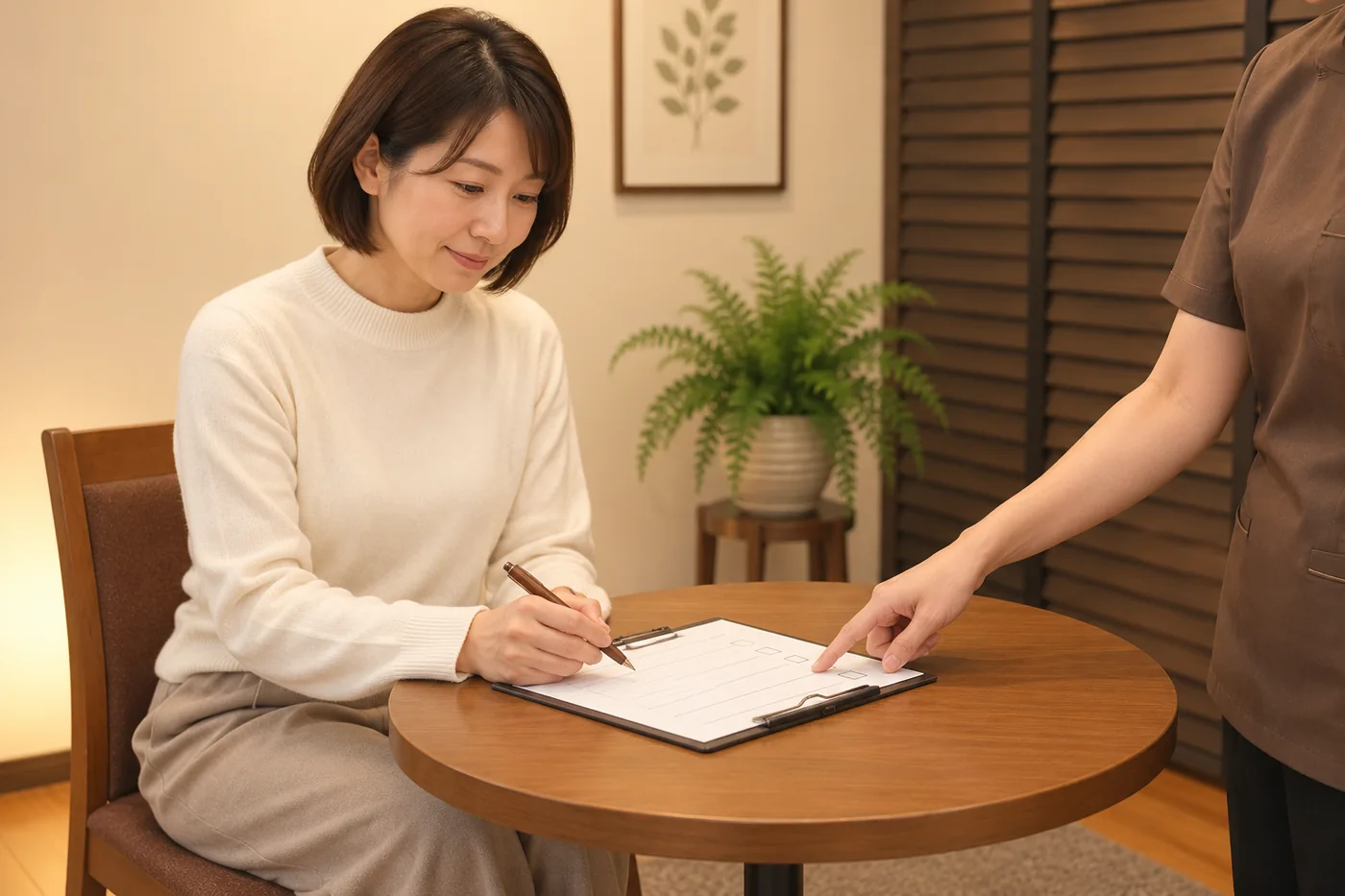 施術前の希望確認シートを女性のお客様と確認するイメージ