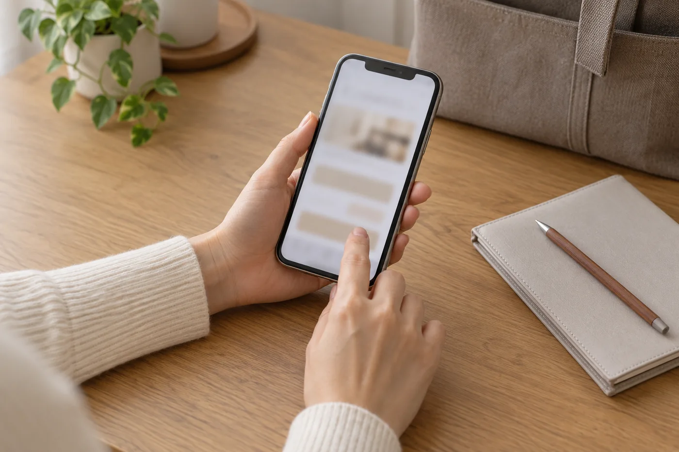 スマートフォンから予約方法を確認する女性の手元のイメージ