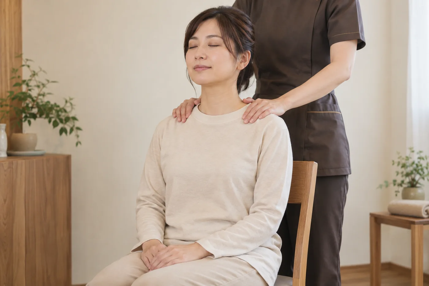 着衣の女性のお客様が肩まわりのケアを受けるイメージ
