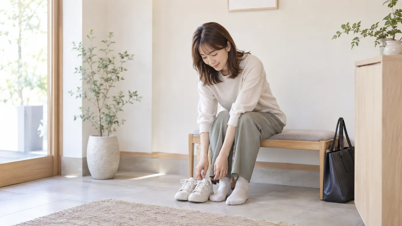 歩いたあとに靴を揃え椅子で休憩する女性のイメージ