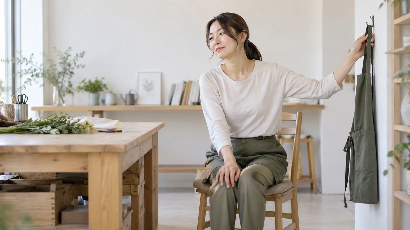 立ち仕事の合間に椅子へ腰掛けて休む女性のイメージ