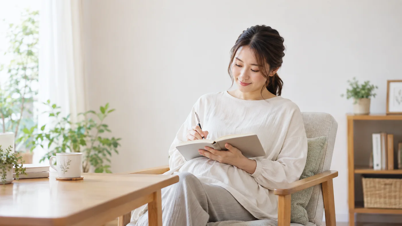 妊娠中の女性が事前に確認したいことをノートにまとめるイメージ
