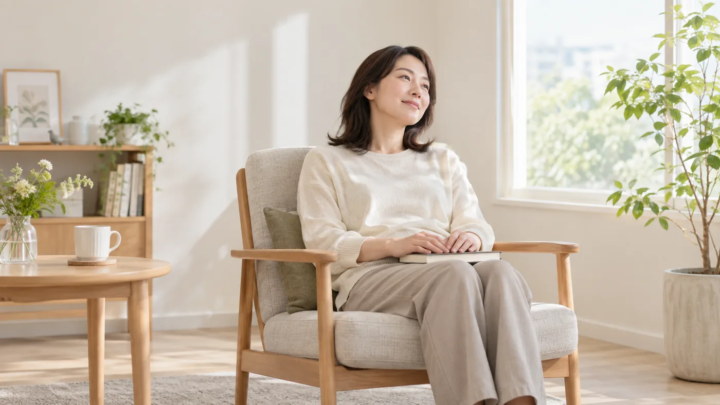 本を閉じて椅子の背もたれに身体を預ける女性のイメージ
