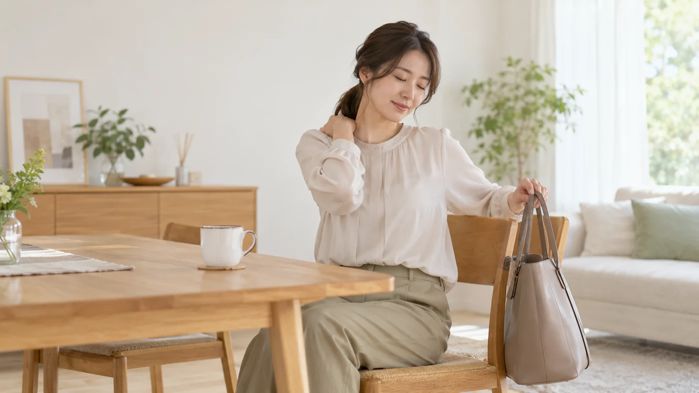 通勤バッグを下ろして肩の力を抜く女性のイメージ