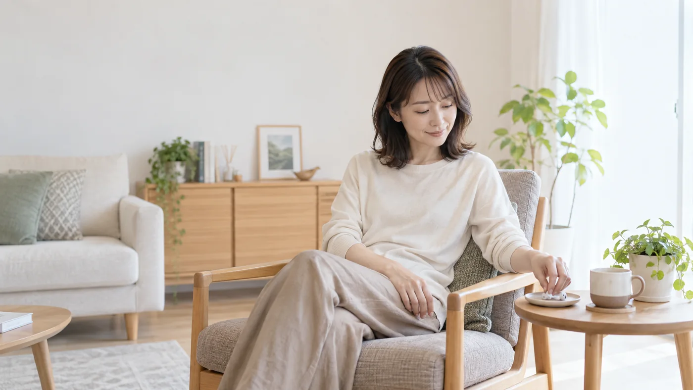イヤホンを外して静かな休憩へ切り替える女性のイメージ