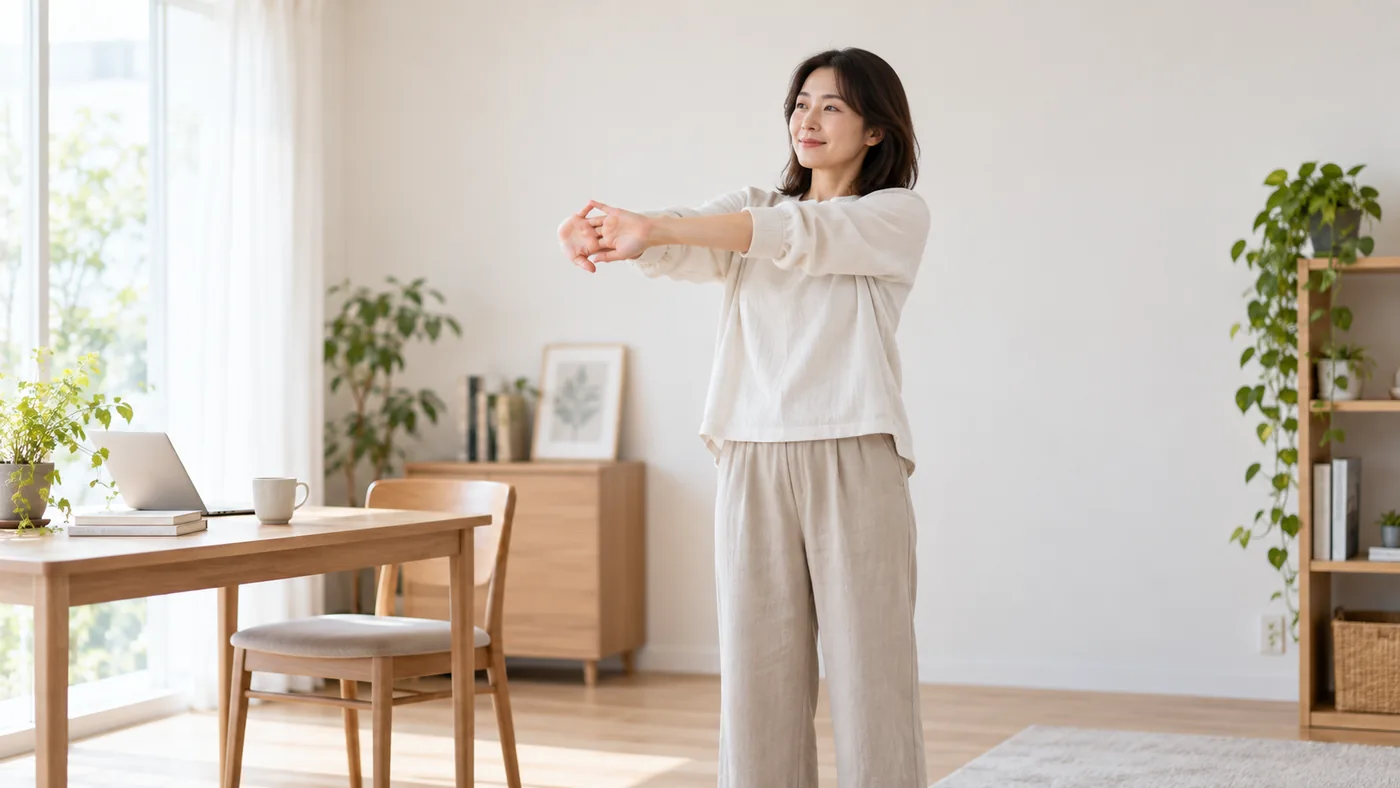 仕事の合間に立って腕を前へゆっくり伸ばす女性のイメージ