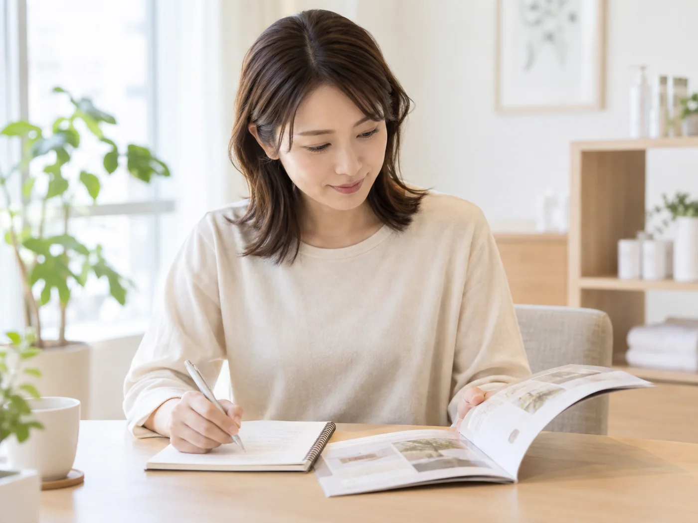 お店の案内を読みながら確認したい点を整理する女性のイメージ
