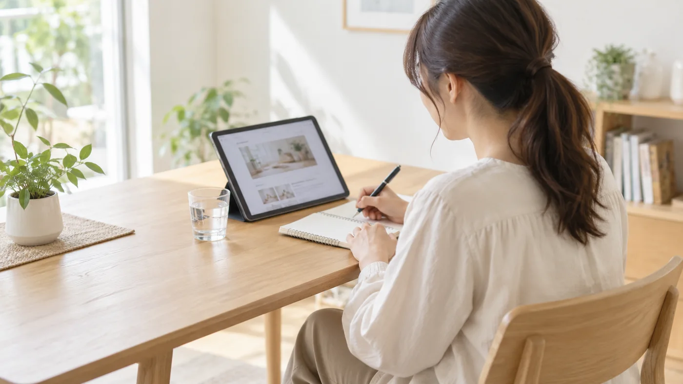 タブレットを読みながら身体の気になる点をノートに整理する女性のイメージ
