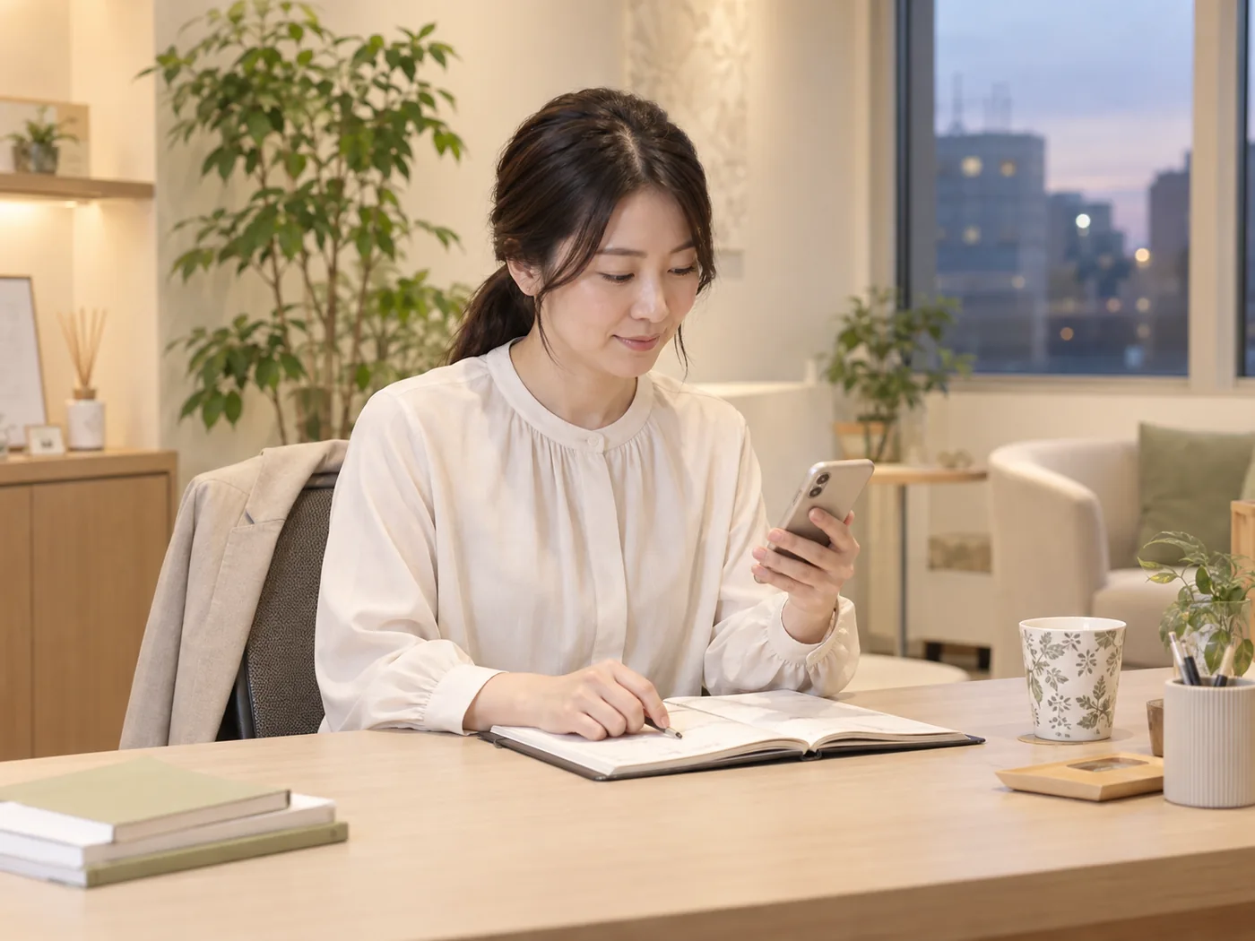 仕事を終えて予定帳とスマートフォンを確認する女性のイメージ