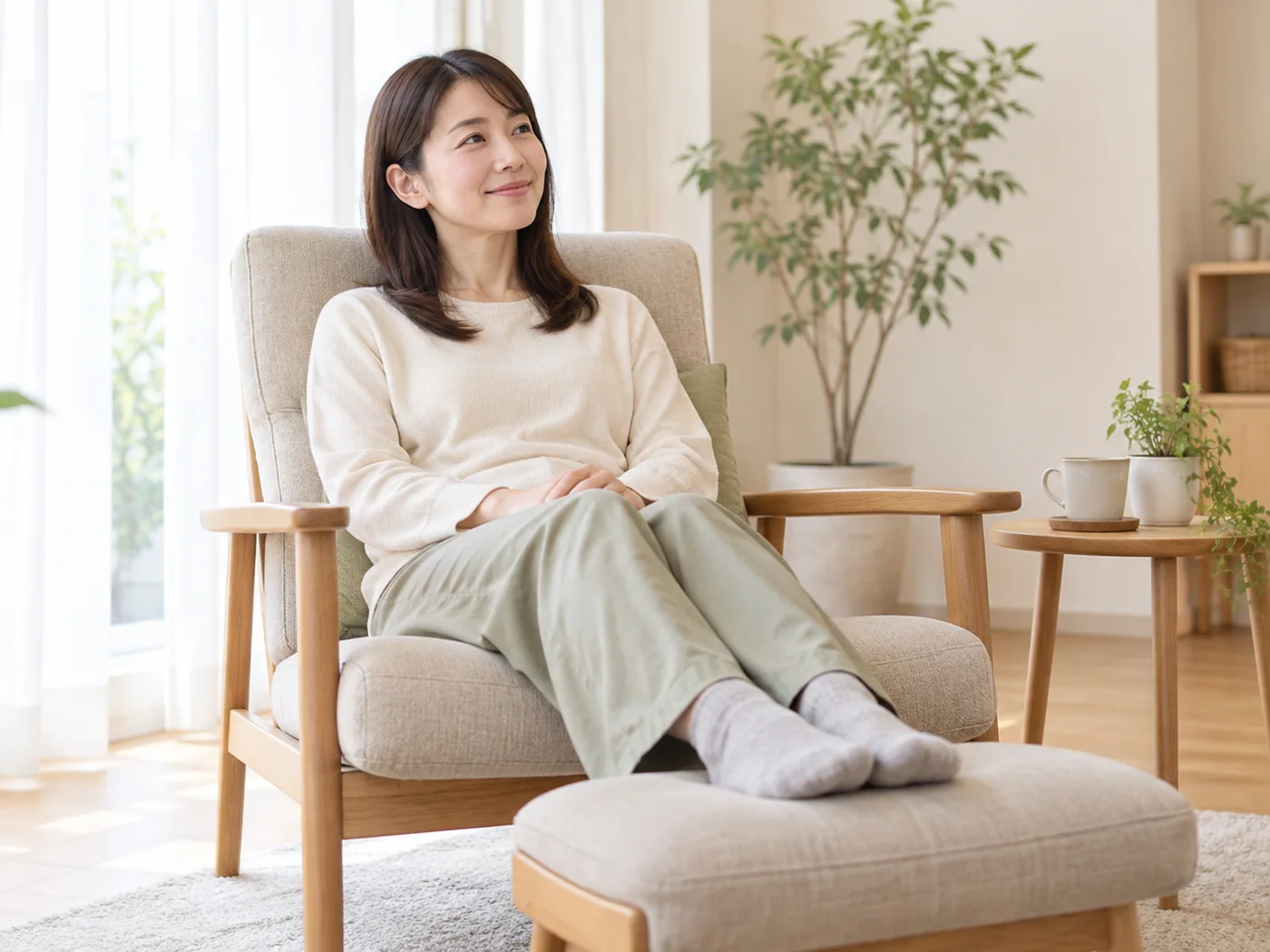 長ズボンと靴下のまま足を台に載せて休む女性のイメージ