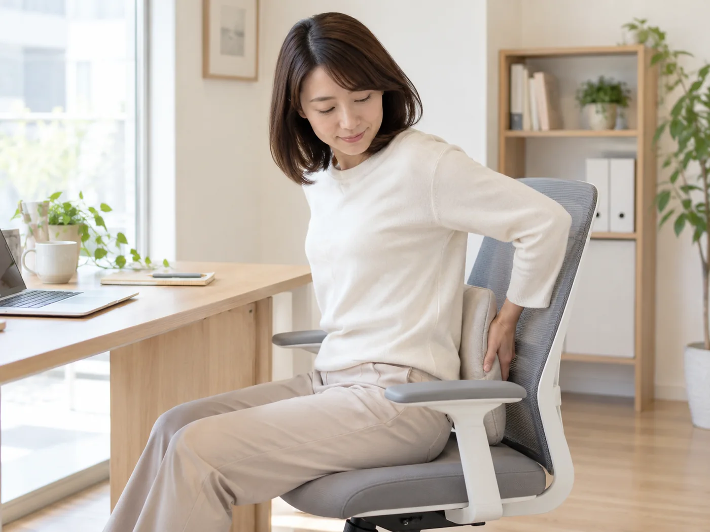 椅子の腰当てクッションを整えて座り直す女性のイメージ