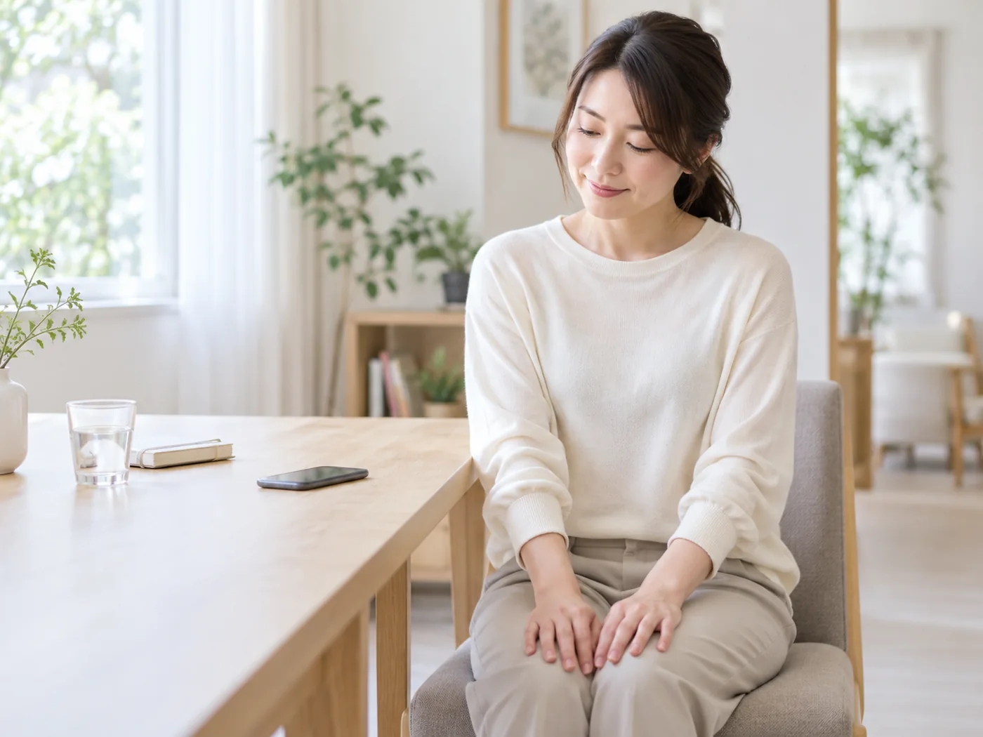 スマートフォンから離れて静かな休憩を取る女性のイメージ