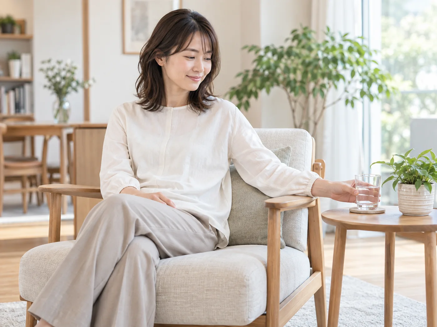 明るい室内の椅子で水を飲みながら休む女性のイメージ