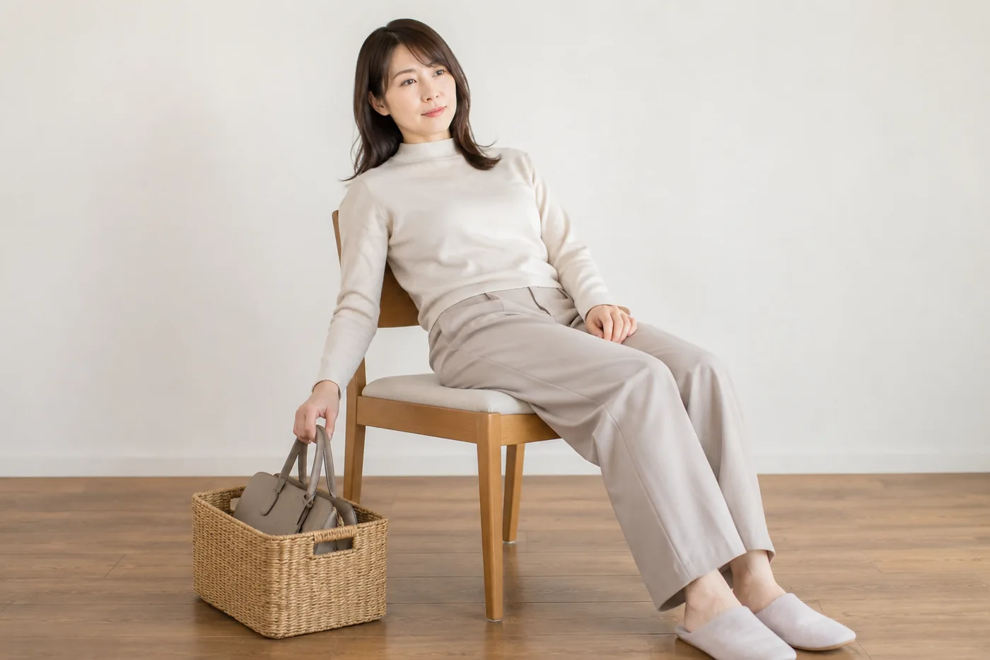 仕事の荷物を片付けて椅子で休む女性のイメージ