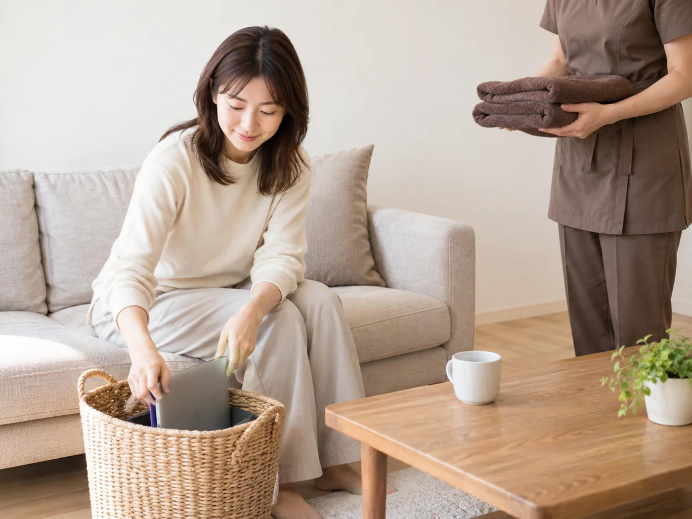 自宅で仕事道具を片付けて出張施術を待つ女性のイメージ