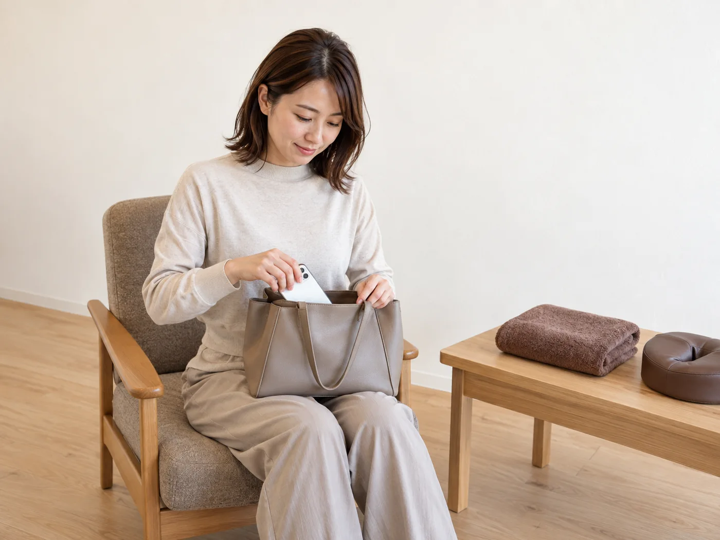 荷物を片付けて休息の準備をする女性のイメージ