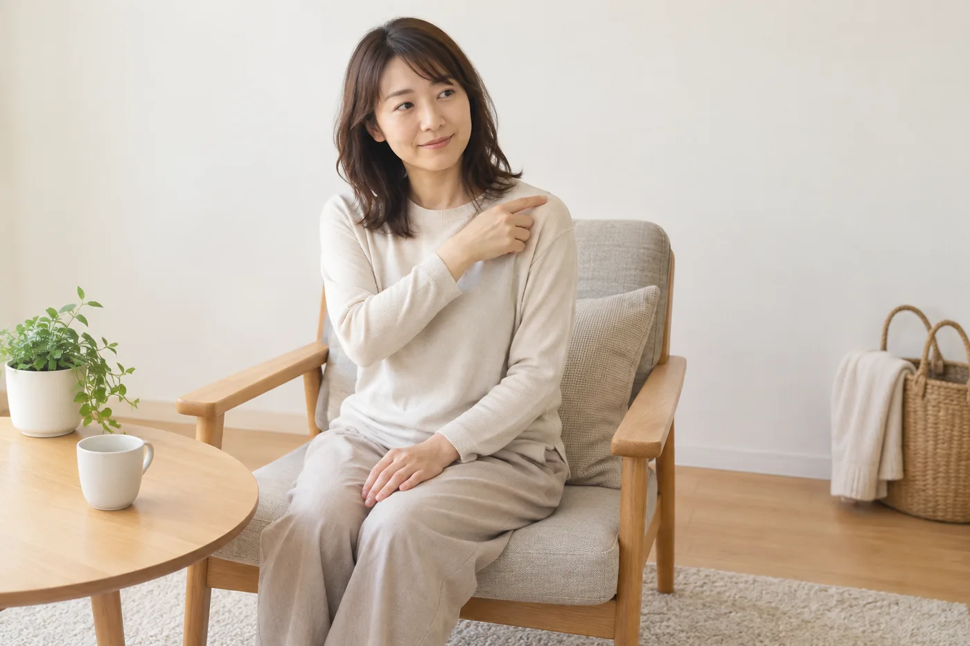 肩に手を添えて圧の好みを説明する女性のイメージ