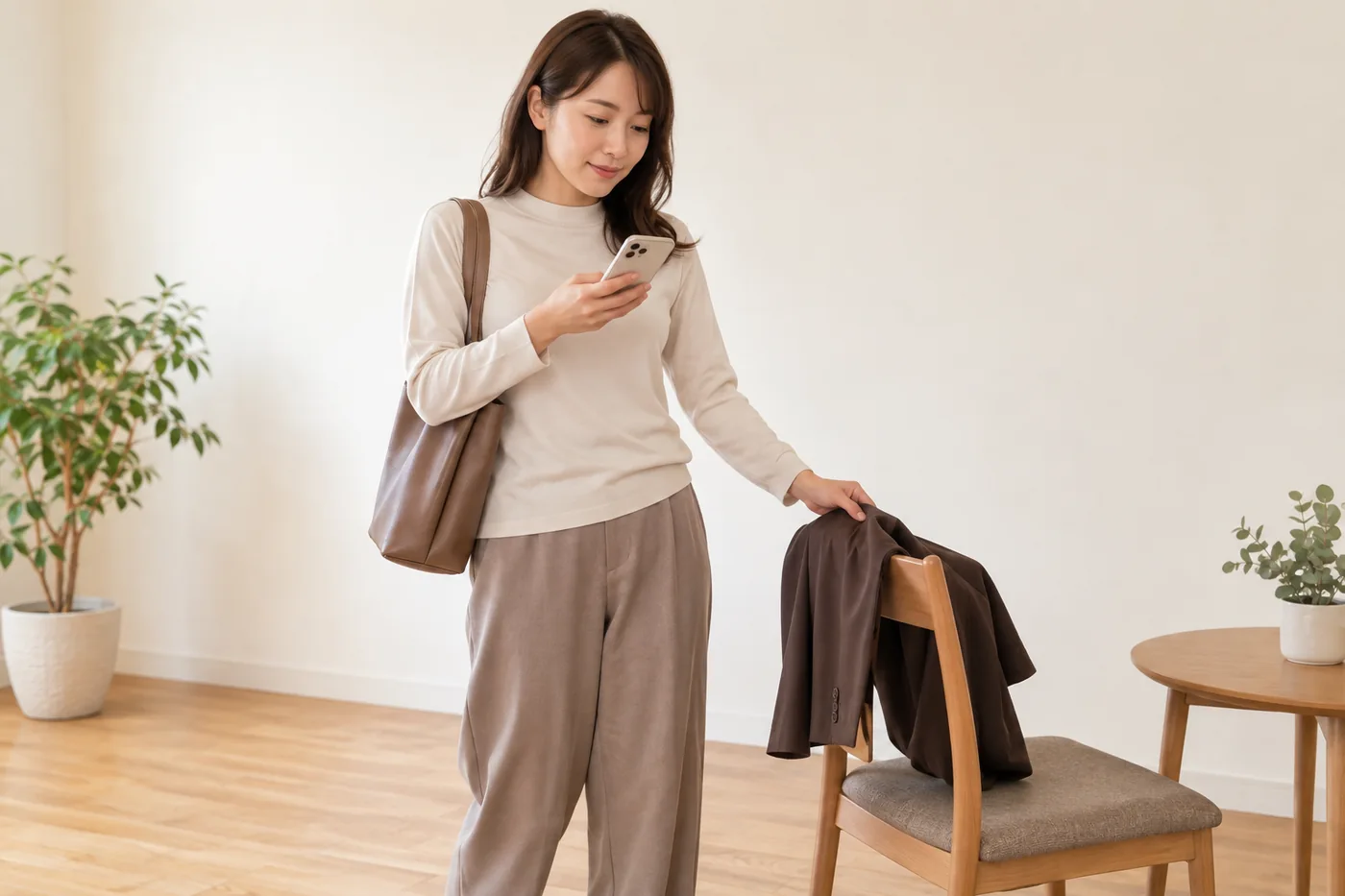 仕事用の上着を片付けて利用時間を確認する女性のイメージ