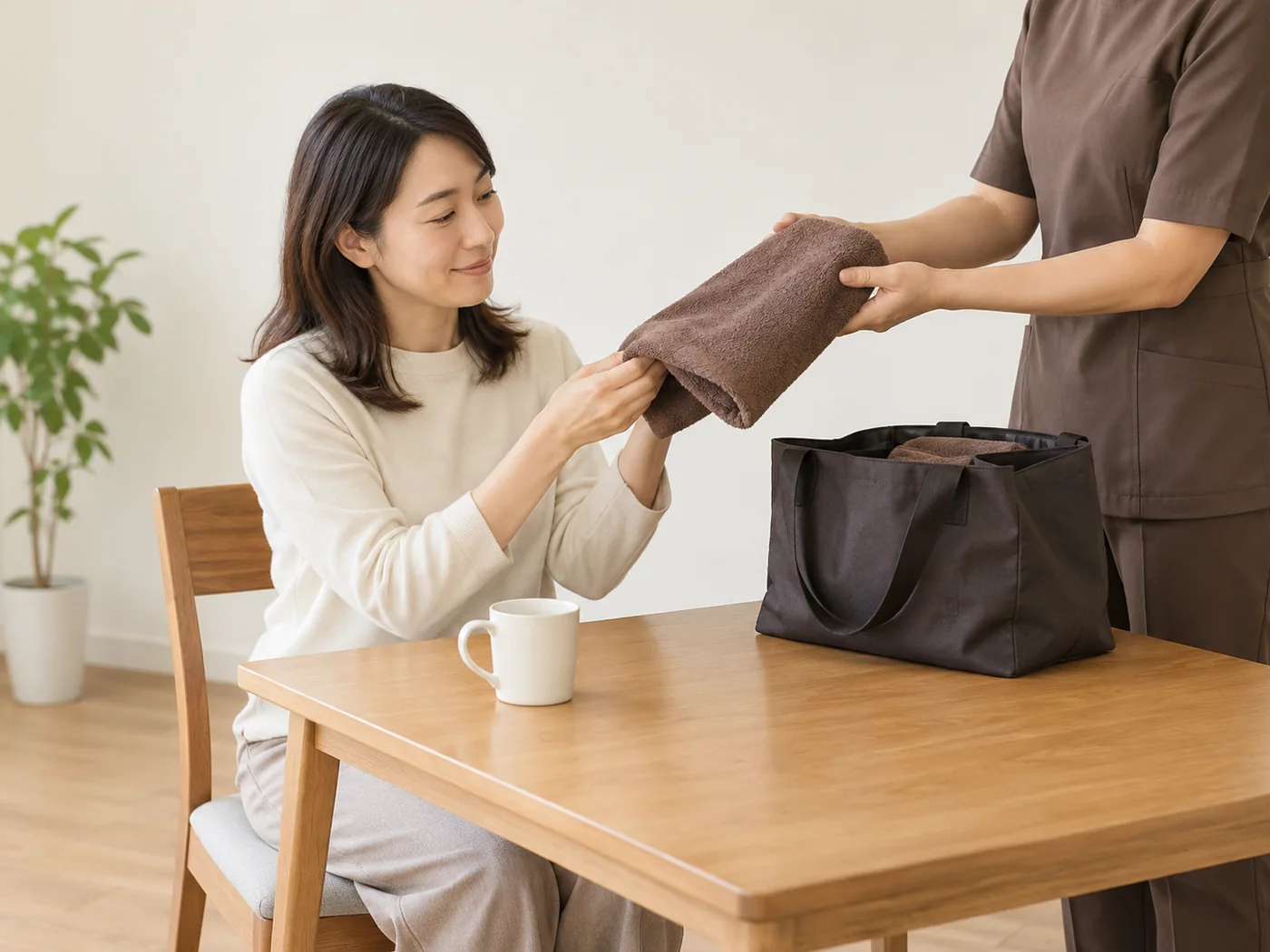帰宅後のリビングで出張施術の準備を確認する女性のイメージ