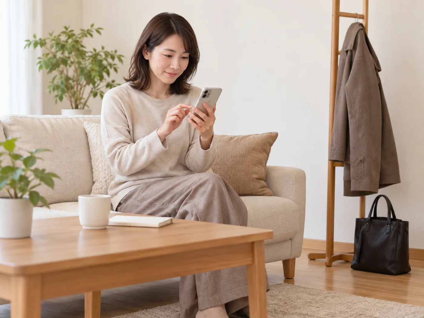 帰宅後のリビングで出張予約を確認する女性のイメージ