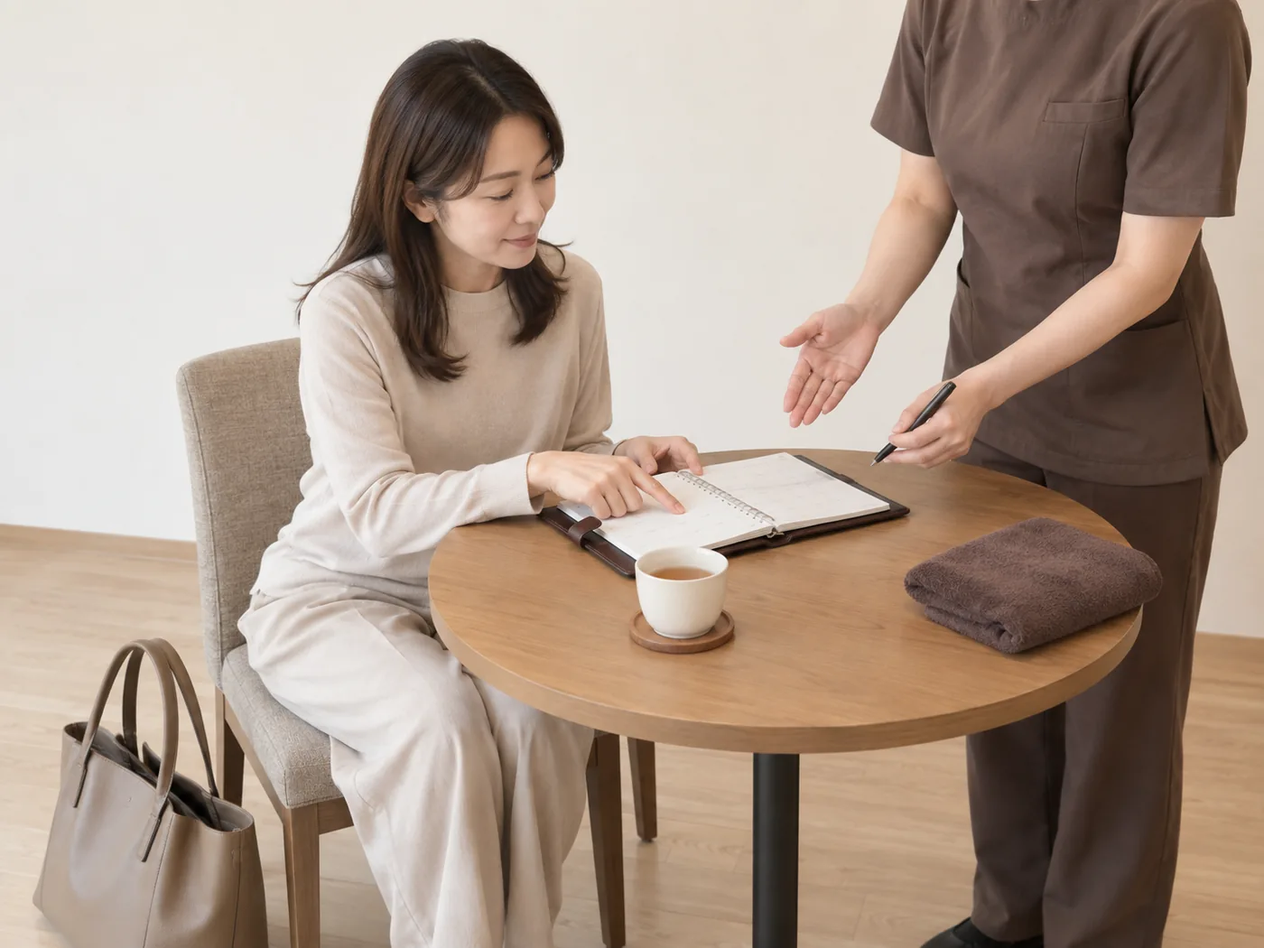 仕事の予定に合わせて施術の利用を相談する女性のイメージ