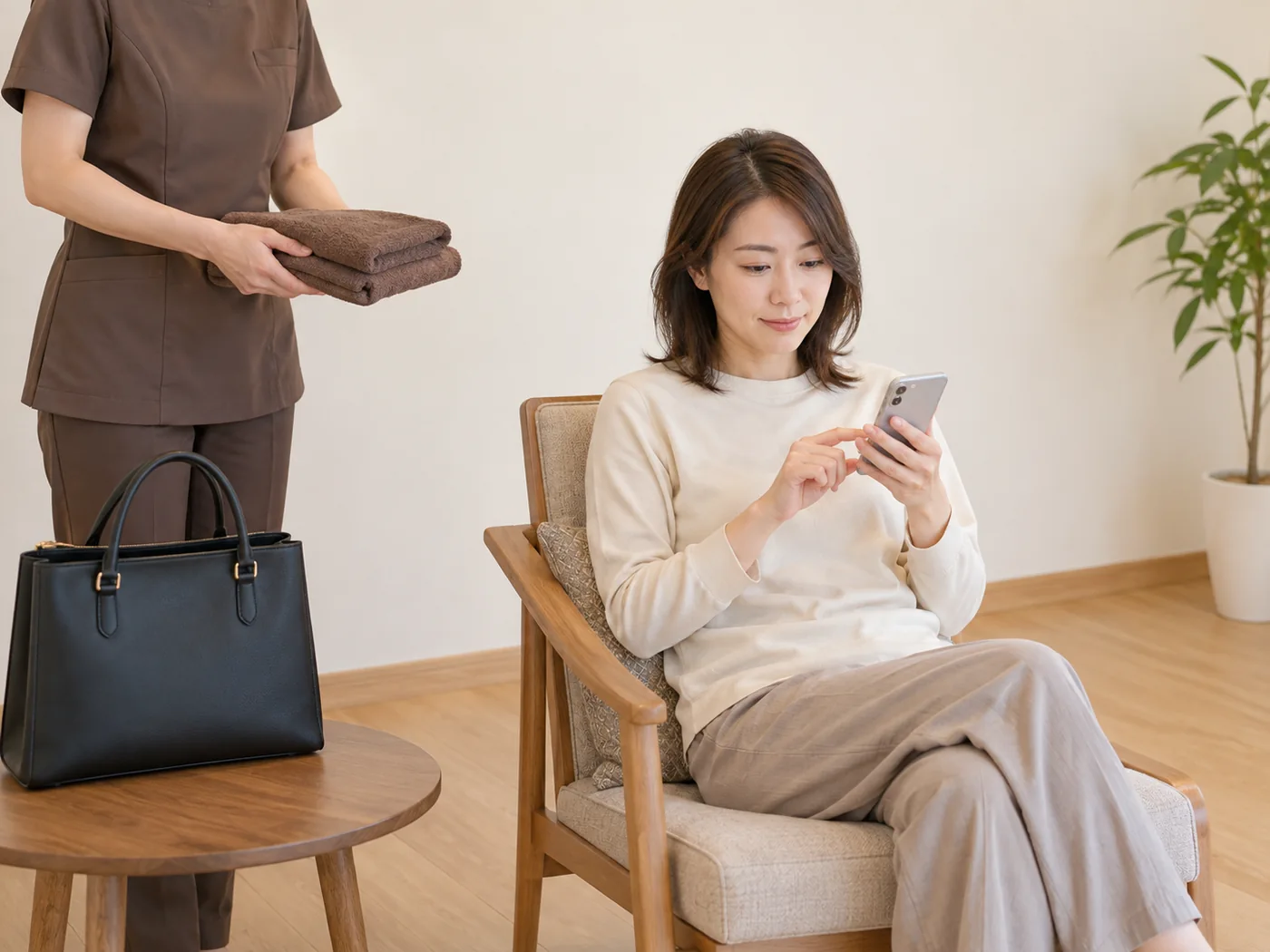 仕事後に利用時間を確認する女性のイメージ