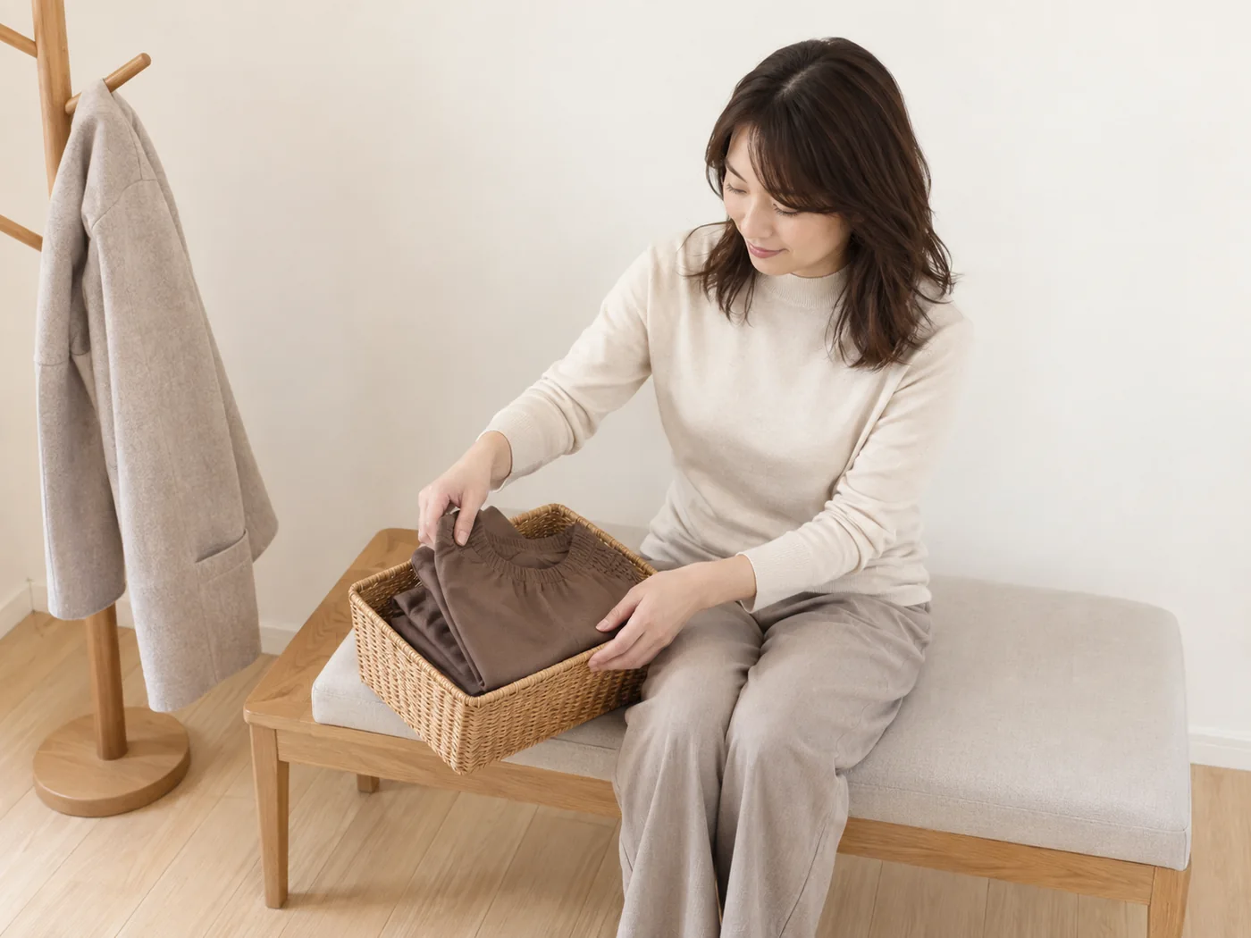 明るいサロンで施術着を用意する女性のイメージ