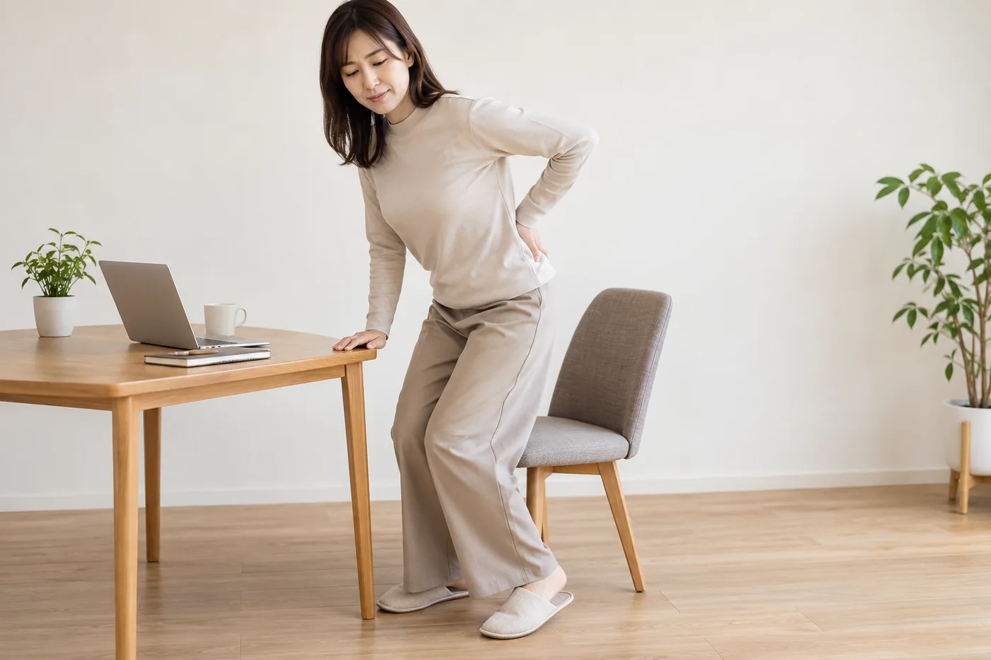 椅子から立ち上がり、服の上から腰へ手を添える女性のイメージ