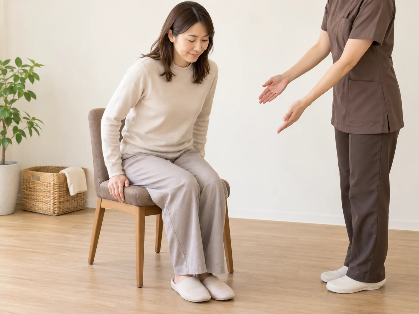 椅子の高さを確かめてゆっくり座る女性のイメージ