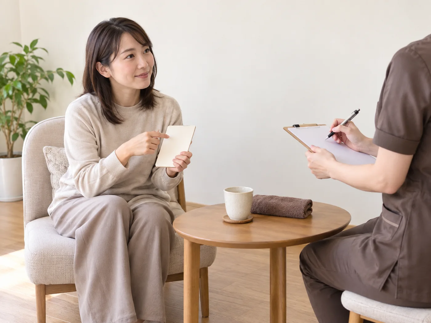 施術の強さや過ごし方の希望を相談するお客様の手元のイメージ