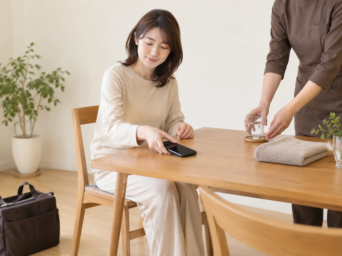 自宅でスマートフォンを置き、休息に備える女性のイメージ