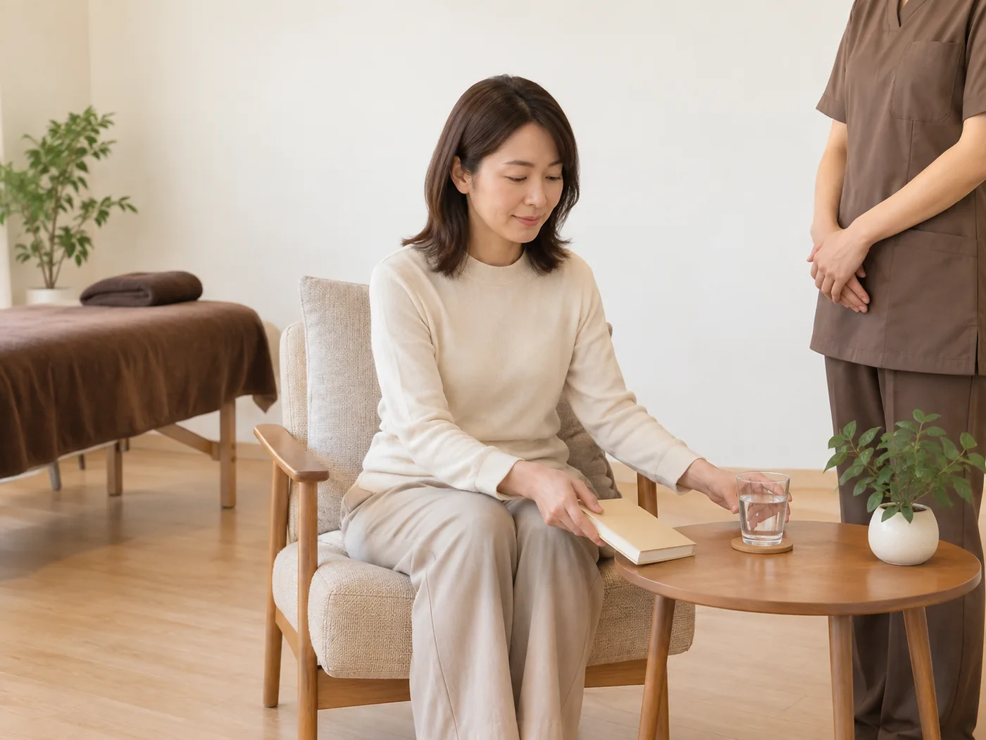 本を閉じて静かに待つ女性のイメージ