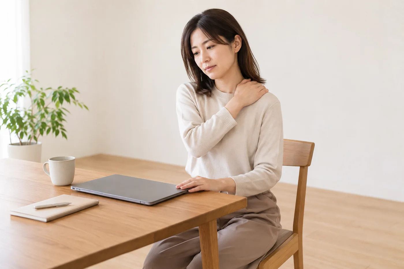 仕事の区切りに肩へ手を添える女性のイメージ