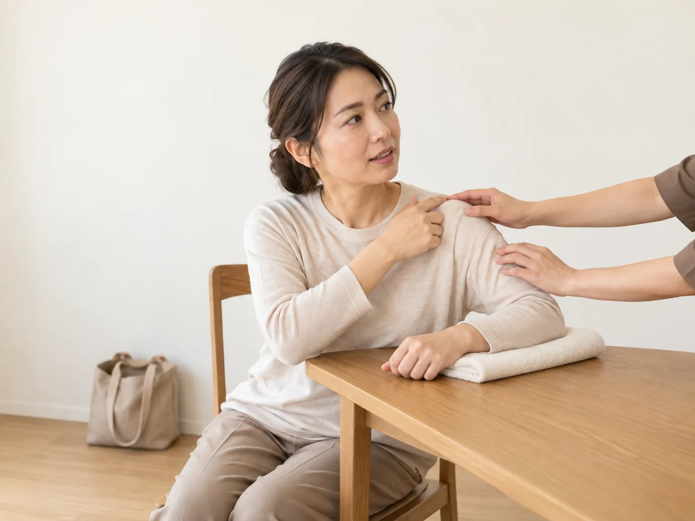 肩の気になる範囲をスタッフへ伝える女性のイメージ