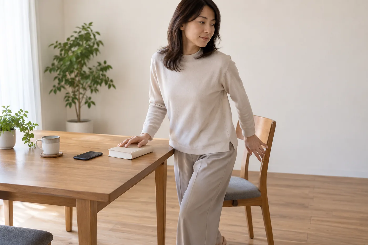 本を閉じてスマートフォンから離れ、机を離れる女性のイメージ