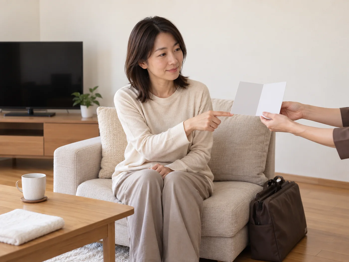 自宅で会話量の希望をカードで確認する女性のイメージ