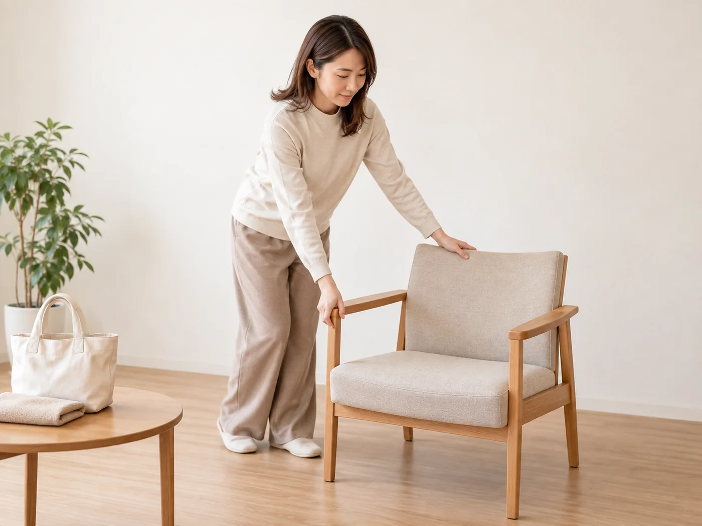自宅の椅子の周囲に腕を動かす場所を用意する女性のイメージ