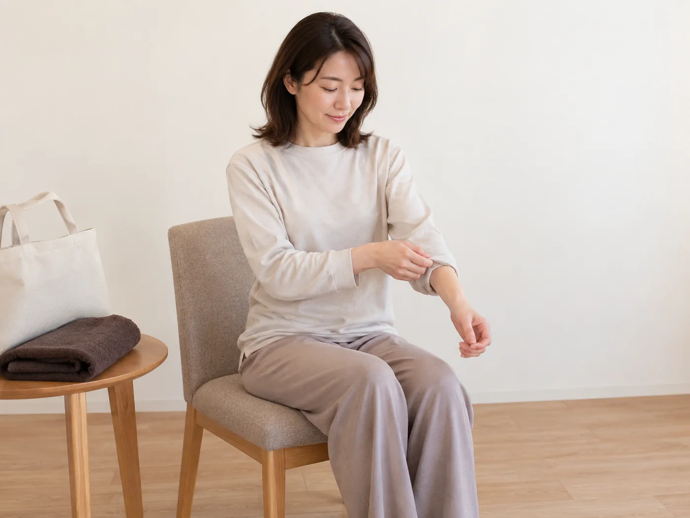 施術着の袖口を整えて椅子に座る女性のイメージ