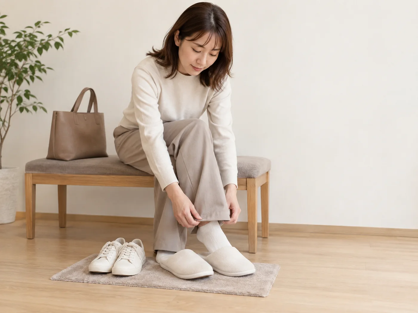 来店後に靴を揃えて裾を整える女性のイメージ