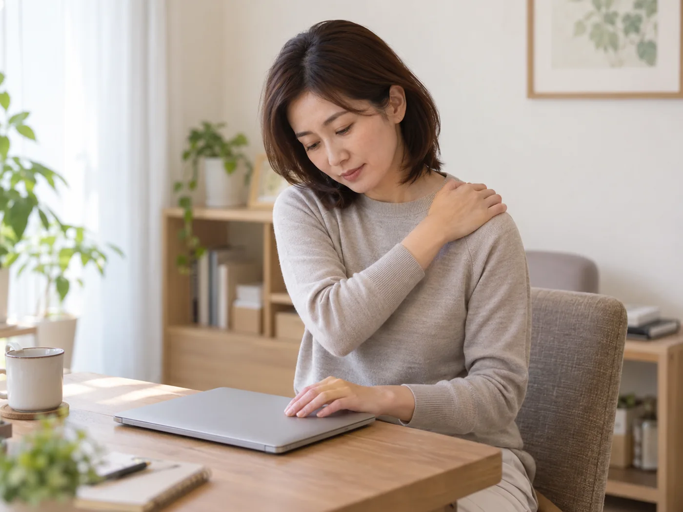 仕事の区切りに肩へ手を添える女性のイメージ
