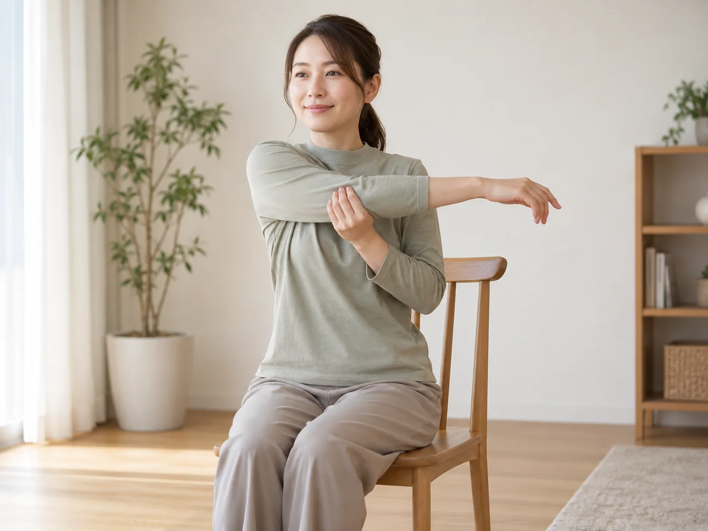 椅子で腕を胸の前へ穏やかに伸ばす女性のイメージ