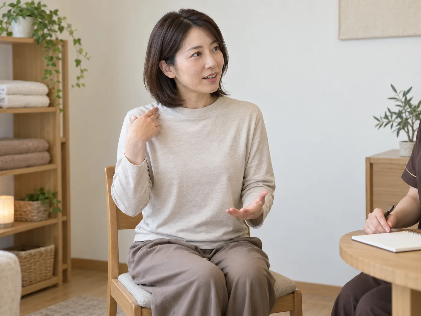 肩に手を添えて圧の好みを説明する女性のイメージ