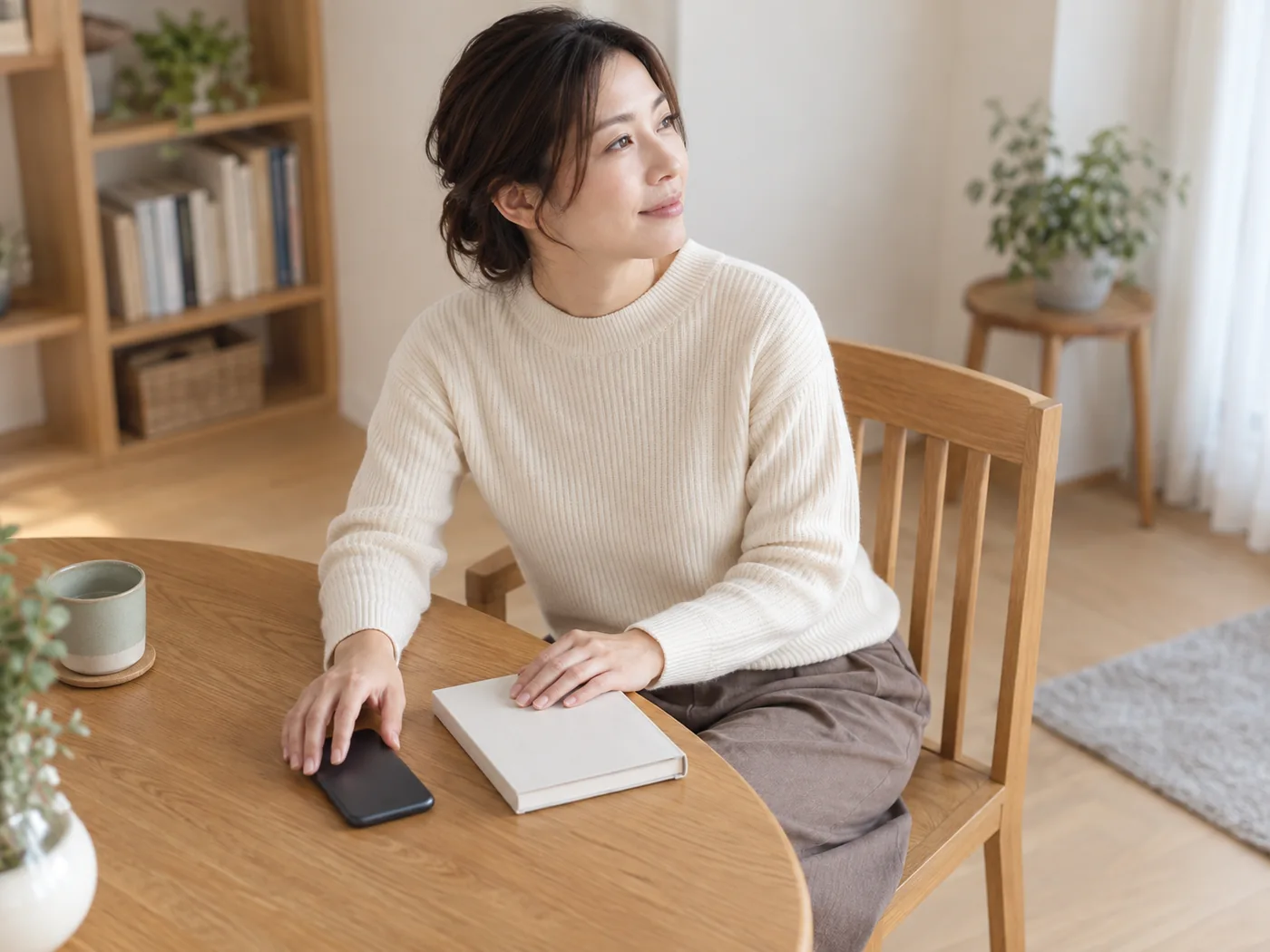 スマートフォンを伏せて休息に切り替える女性のイメージ