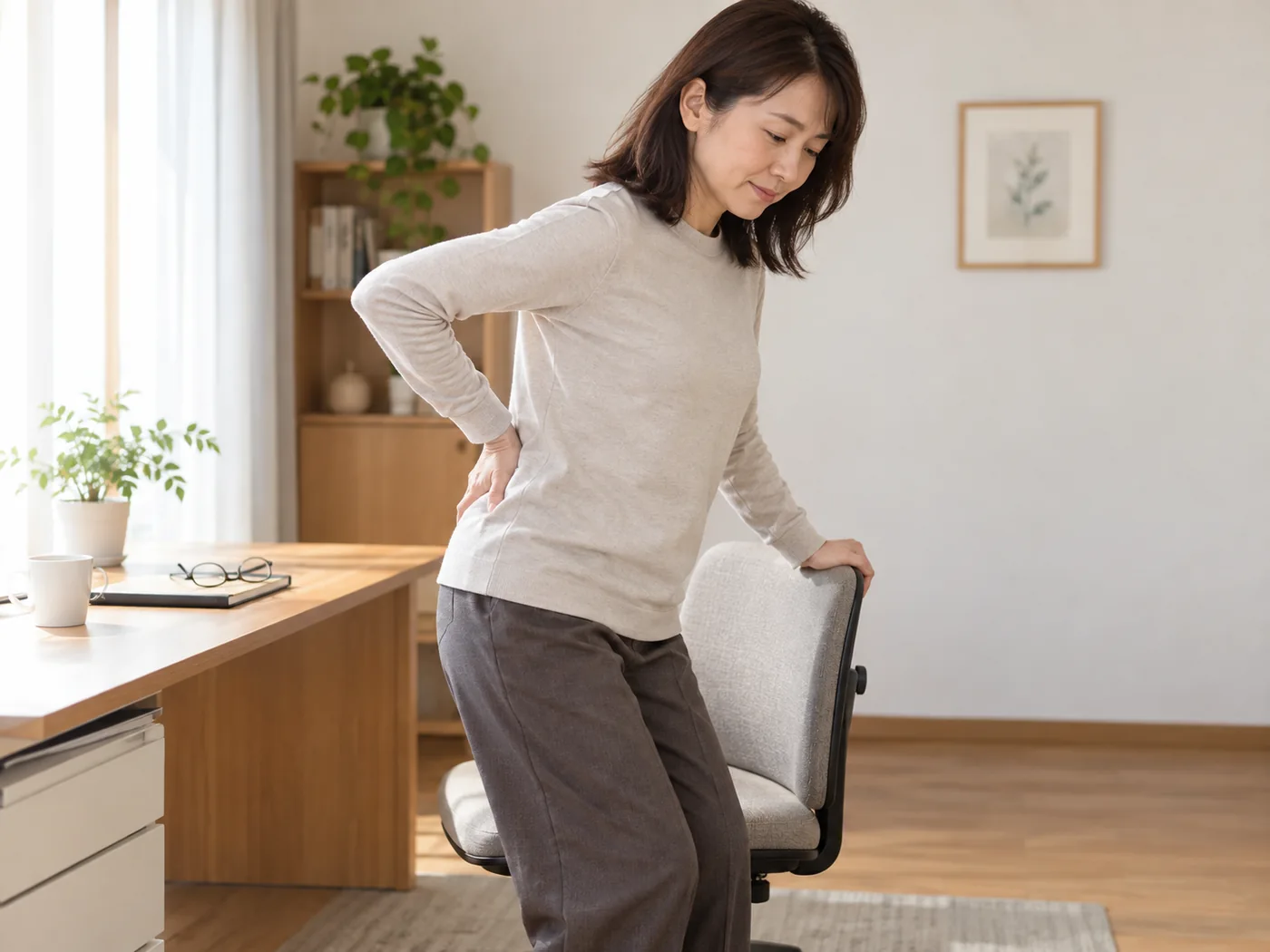 椅子から立ち上がり、服の上から腰へ手を添える女性のイメージ