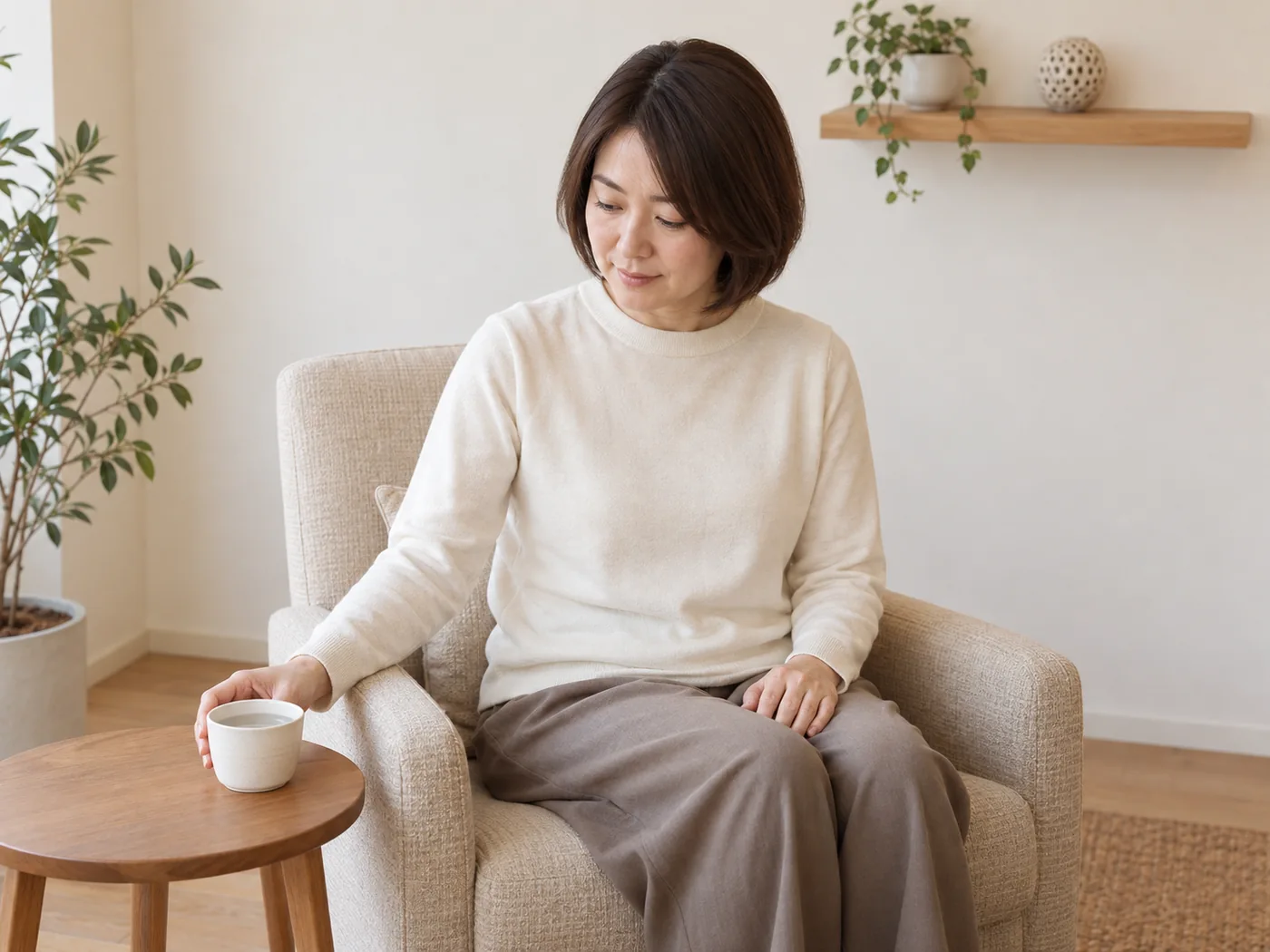 水のカップを置いて静かに休む女性のイメージ