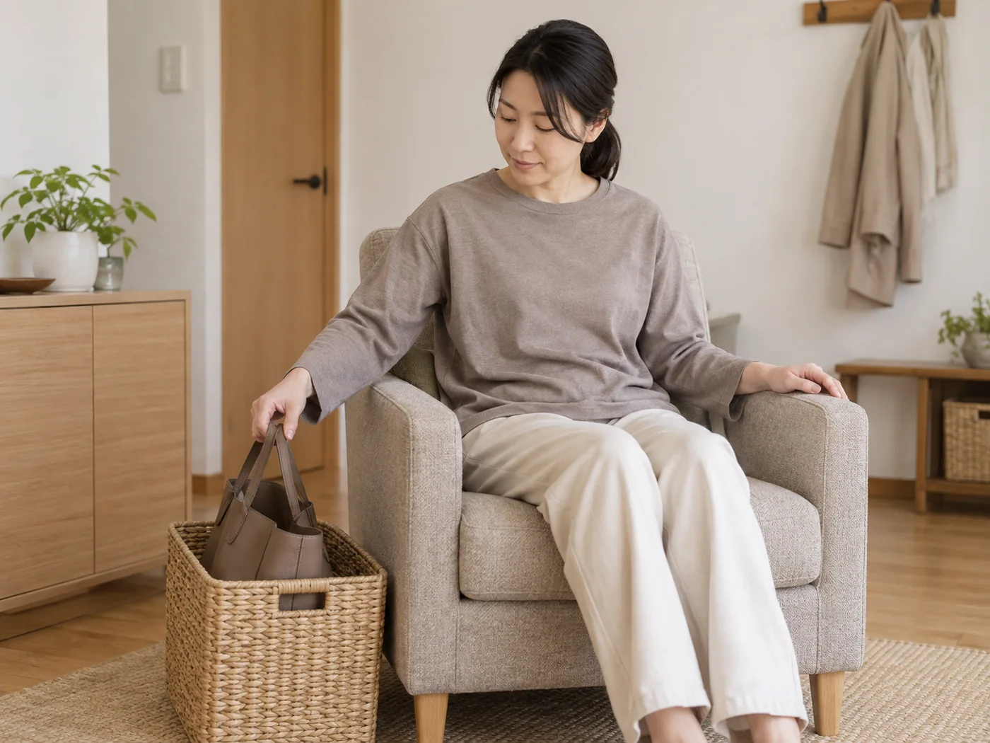 仕事の荷物を片付けて椅子で休む女性のイメージ