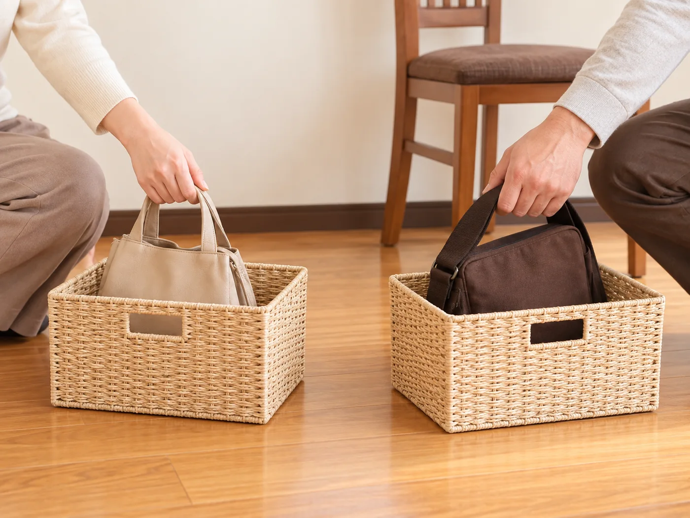 来店後、各自の荷物をかごに収める二人のお客様のイメージ